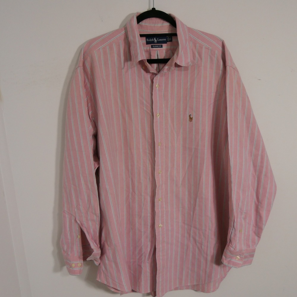 Ralph Lauren‎ Mens Button Down Shirt 17.5 34/35 Pink Striped Classic Fit Preppy